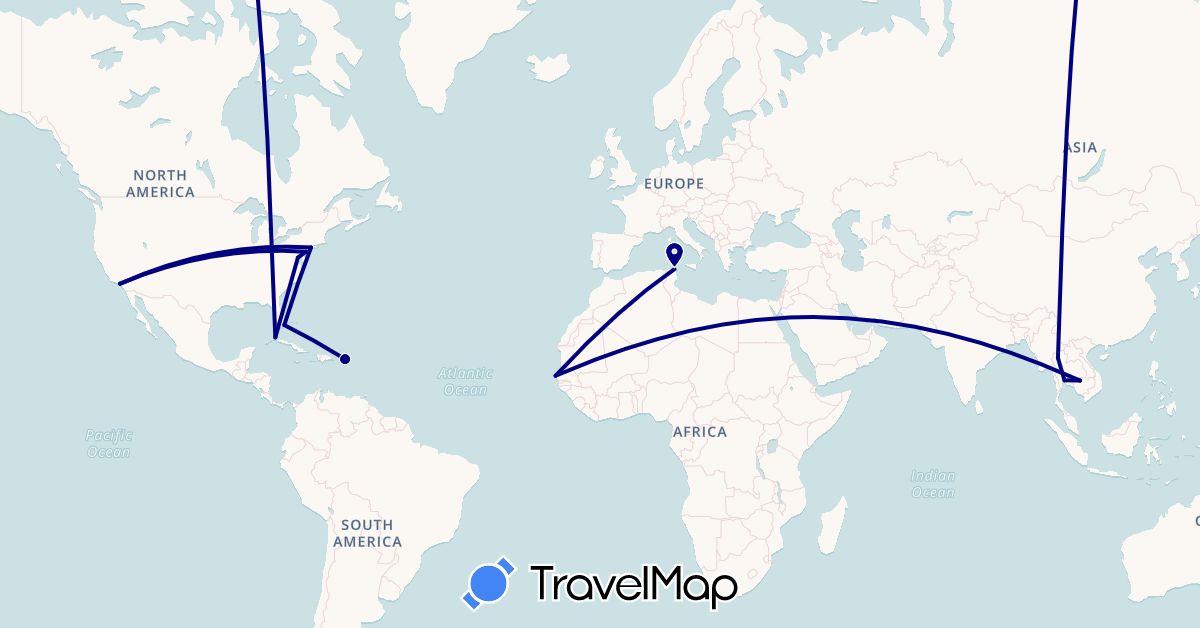 TravelMap itinerary: driving in Cuba, Cambodia, Puerto Rico, Senegal, Thailand, Tunisia, United States (Africa, Asia, North America)